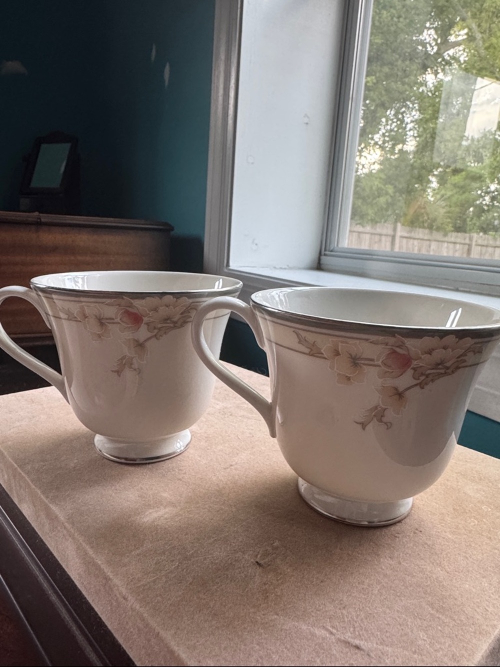 Royal Doulton Cream Porcelain Mugs with Pink Floral and Gold Trim